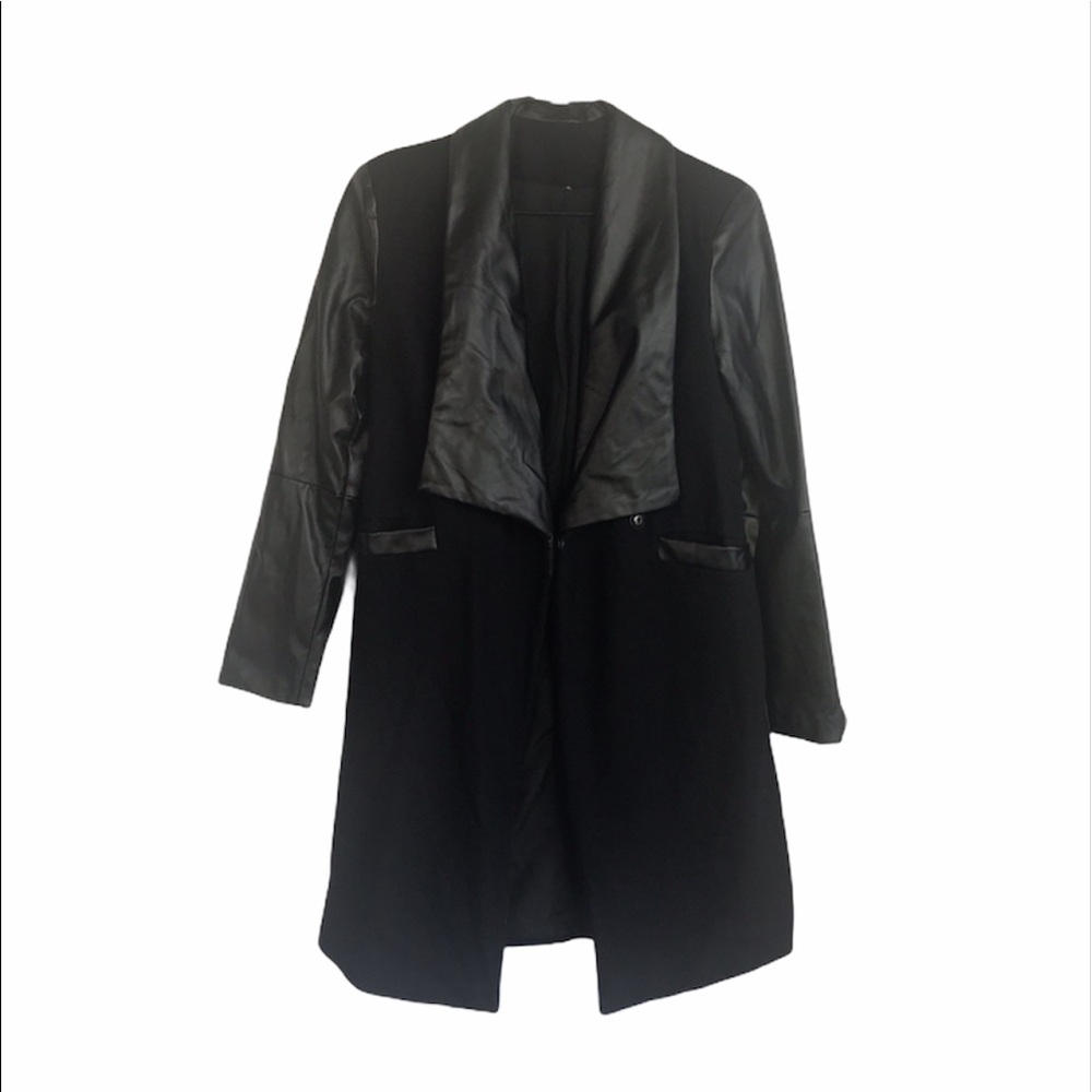 Black Faux Leather and Wool Trench Coat